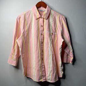 Vintage Y2K pink, yellow, and white stripped button up size petite large